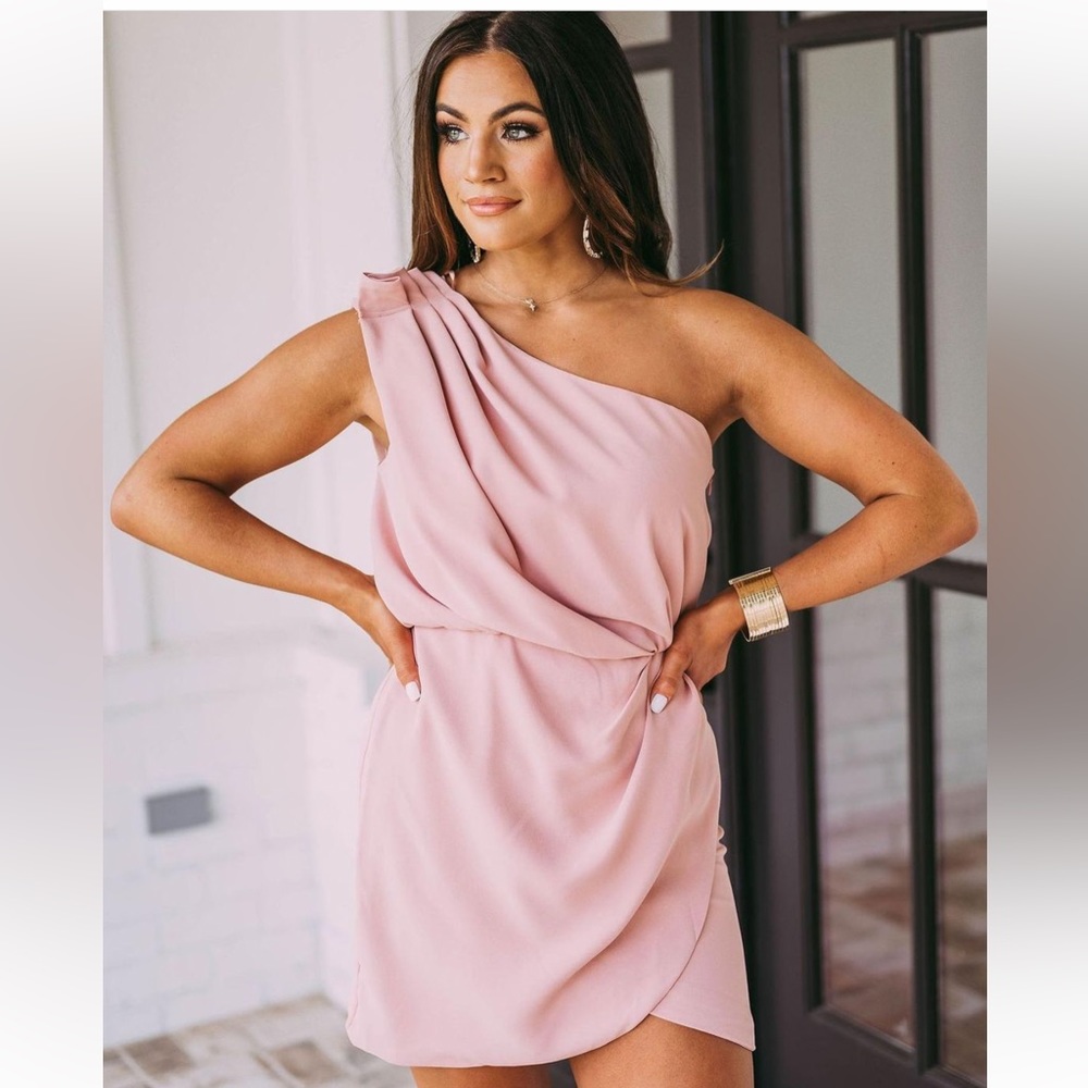 Blush one shoulder dress from Shop These Three boutique
